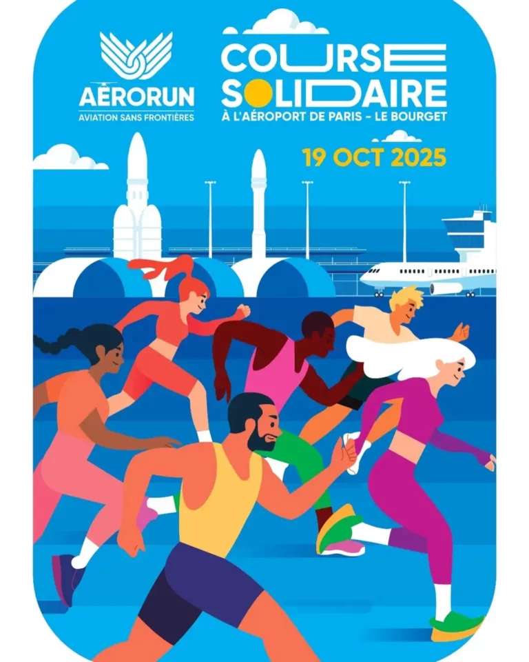 Affiche colorée de la course solidaire AéroRun 2025, organisée par Aviation Sans Frontières, représentant plusieurs coureurs stylisés en plein effort sur fond bleu avec des avions et fusées en arrière-plan. L’événement a lieu le 19 octobre 2025 à l’aéroport de Paris – Le Bourget.