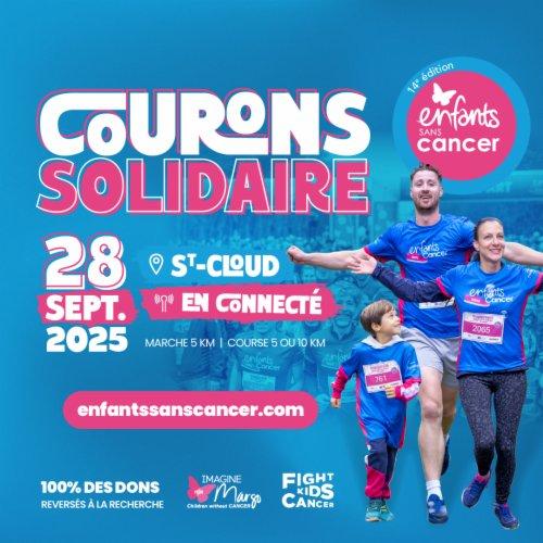 Affiche pour la course enfants sans cancer 2025 de l'association Imagine for Margo. Affiche bleu avec écritures bleu et blanche qui met en avant une famille en train de courir et la date du 28 septembre 2025 à Saint cloud et en version connectée.