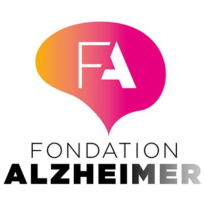 logo fondation alzheimer bulle rose orange avec les lettres FA et en dessous le nom Fondation Alzheimer écrit en noir et en majuscules