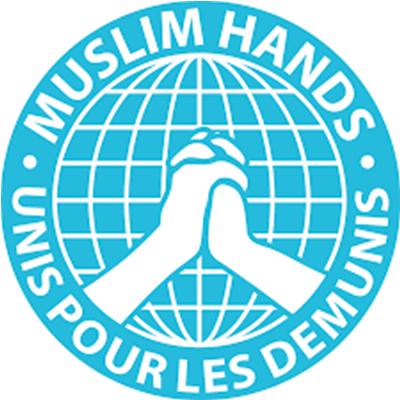 Muslim hands france logo bleu rond montrant deux mains qui s'unissent au centre d'un cercle bleu représentant le monde