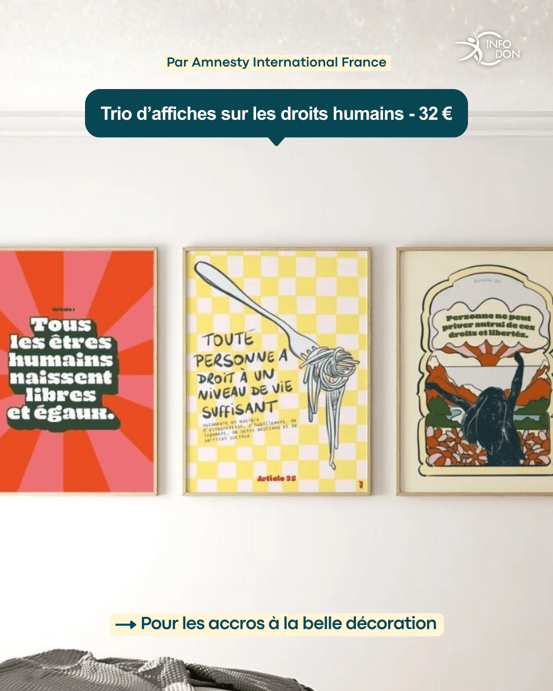 Ce trio d’affiches illustrant des phrases qui s’inspirent de la déclaration universelle des droits de l’Homme d’Amnesty International France sera parfait pour cette personne !