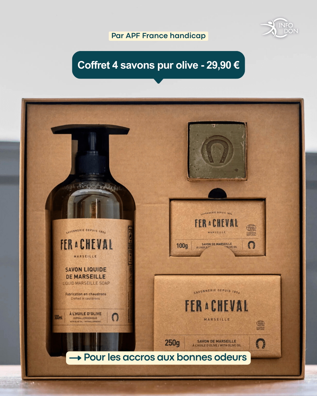 Ce coffret de 4 savons pur olive d’APF France handicap, fabriqués de manière artisanale, ravira les amateurs de senteurs authentiques tout en soutenant l’inclusion des personnes en situation de handicap !