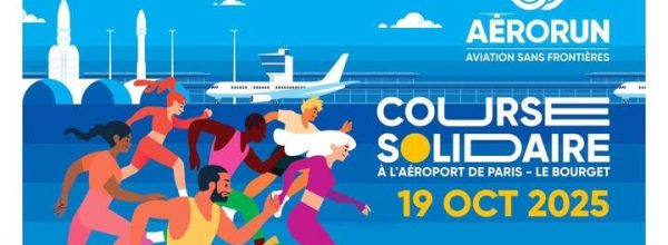 Affiche colorée de la course solidaire AéroRun 2025, organisée par Aviation Sans Frontières, représentant plusieurs coureurs stylisés en plein effort sur fond bleu avec des avions et fusées en arrière-plan. L’événement a lieu le 19 octobre 2025 à l’aéroport de Paris – Le Bourget.