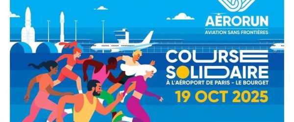 Affiche colorée de la course solidaire AéroRun 2025, organisée par Aviation Sans Frontières, représentant plusieurs coureurs stylisés en plein effort sur fond bleu avec des avions et fusées en arrière-plan. L’événement a lieu le 19 octobre 2025 à l’aéroport de Paris – Le Bourget.