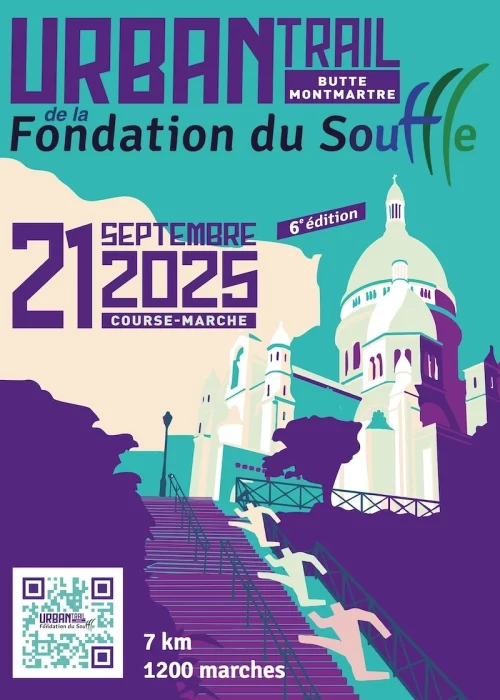 Affiche de l’Urban Trail de la Fondation du Souffle, 6ᵉ édition, indiquant la date du 21 septembre 2025 à la butte Montmartre. Illustration stylisée du Sacré-Cœur et des escaliers avec silhouettes de coureurs. Informations : parcours de 7 km et 1200 marches.