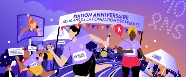 nuit des relais fondation des femmes course solidaire 2026. Graphisme avec des personnes qui courent et des banderoles et pancartes avec différents textes : édition anniversaire des 10 ans de la fondation des femmes, #metoo, ivg constitution, d'ici fin 2026 20 millions d'euros alloués, 4500 projets soutenus, 600 000 femmes aidées