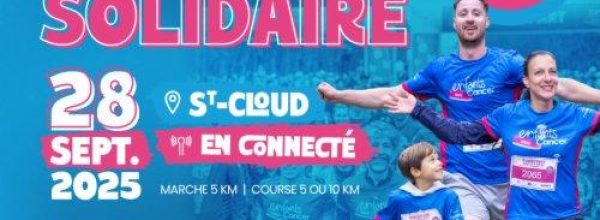 Affiche pour la course enfants sans cancer 2025 de l'association Imagine for Margo. Affiche bleu avec écritures bleu et blanche qui met en avant une famille en train de courir et la date du 28 septembre 2025 à Saint cloud et en version connectée.